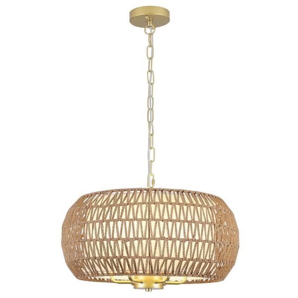 18.89 in. 6-Light Golden Drum Chandelier with Rattan Shade with Sheet Cover and No Bulbs Included For Dinning Room