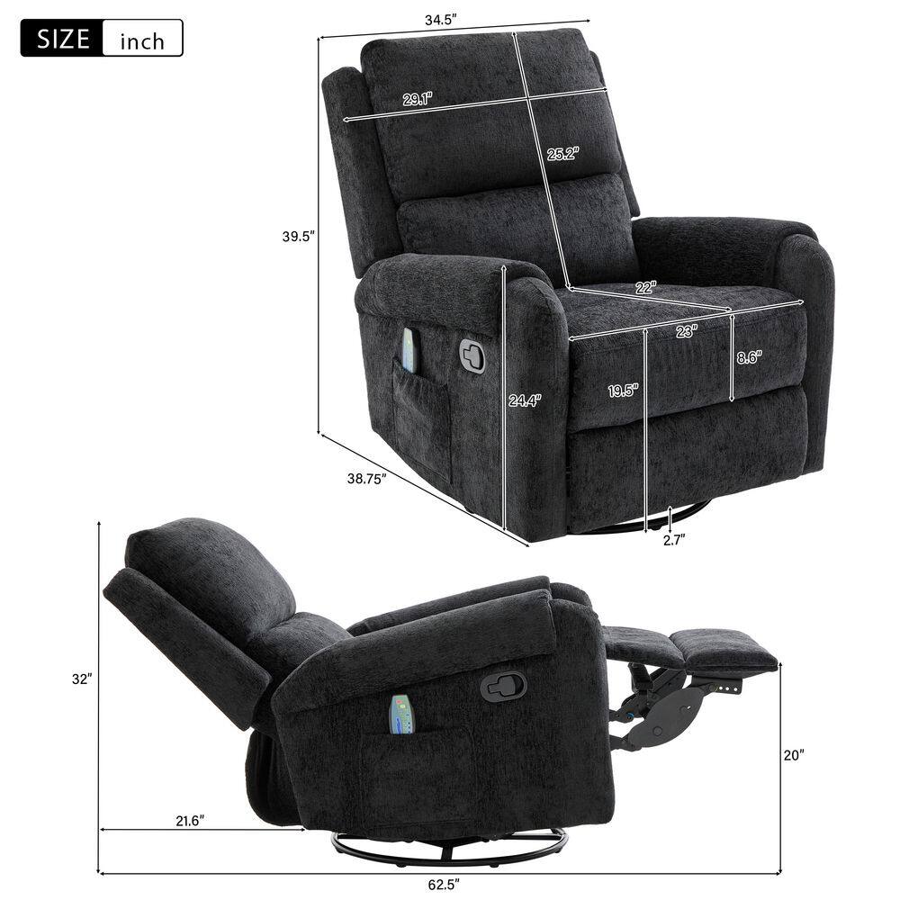 Dimension diagrams of the black chenille upholstered recliner.