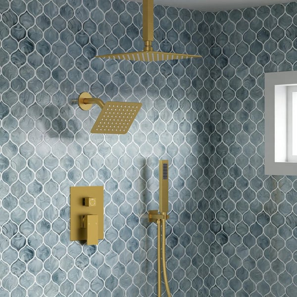 3-Spray Ceiling Mount 10 and 6 in. Dual Shower Head and Handheld Shower Head 2.5 GPM in Brushed Gold (Valve Included)