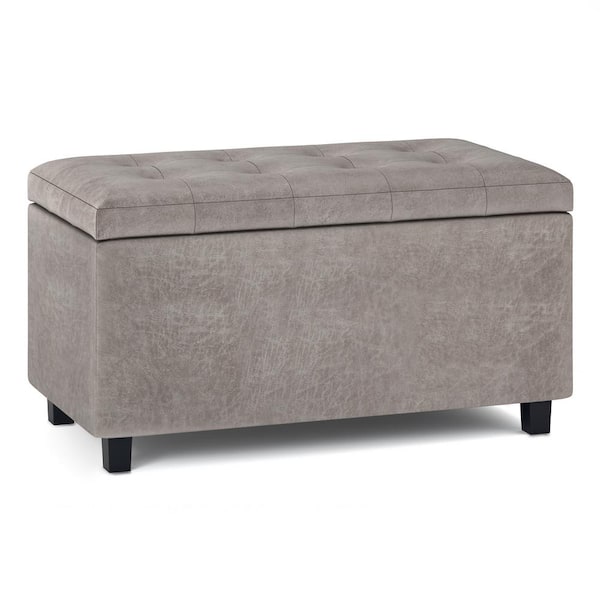Simpli Home Cosmopolitan 34 in. Wide Transitional Rectangle Storage Ottoman in Distressed Grey Taupe Faux Leather