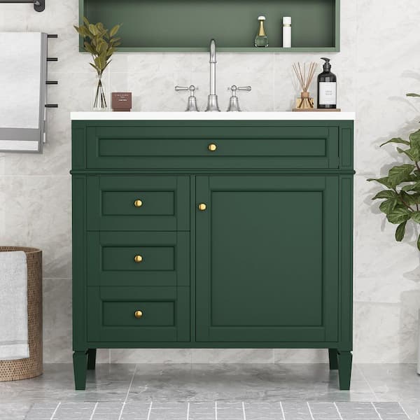 JimsMaison 36 in. W x 18 in. D x 33 in. H Single Sink Freestanding Bath Vanity in Green with White Ceramic Top