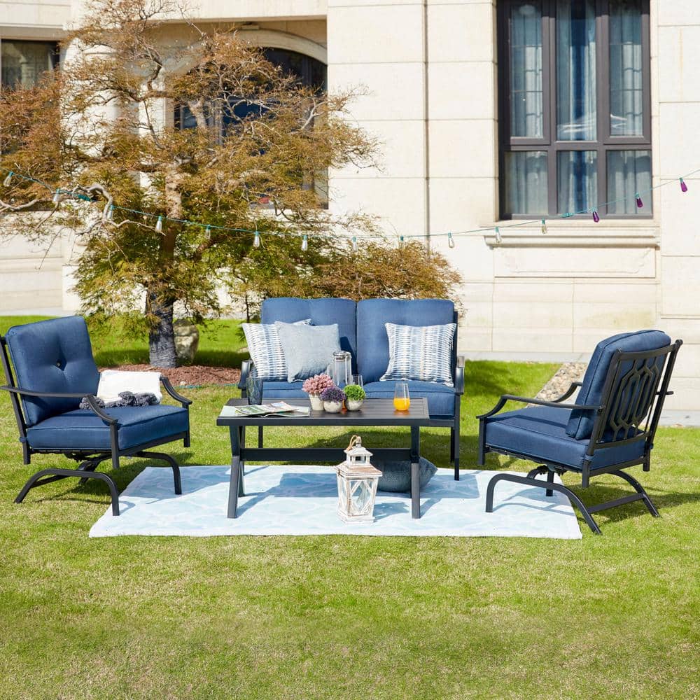 Patio Festival  4-Piece Metal Patio Conversation Set with Blue Cushions - 1