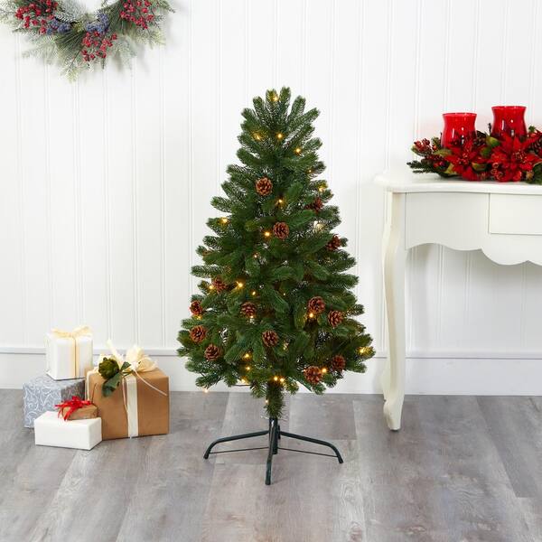 Nearly Natural 4 Ft Pre Lit Rocky Mountain Spruce Artificial Christmas Tree With Pine Cones And 70 Warm White Led Lights T1774 The Home Depot