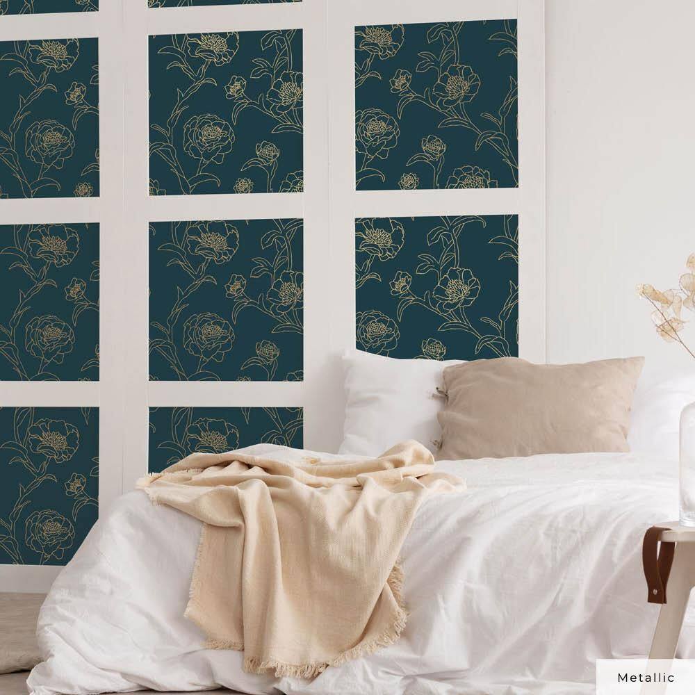 Peacock Blue and Gold Floral Peel and Stick Wallpaper