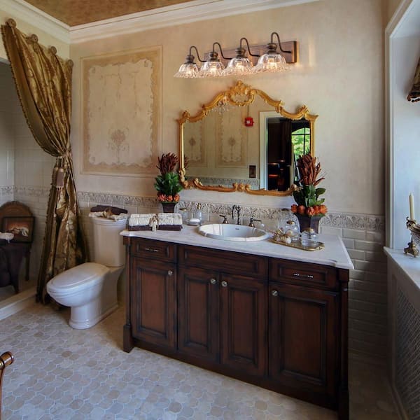 33.74 in. 4-Light Oil Rubbed Bronze Vintage Bathroom Vanity Light with Clear Flower Glass Shades