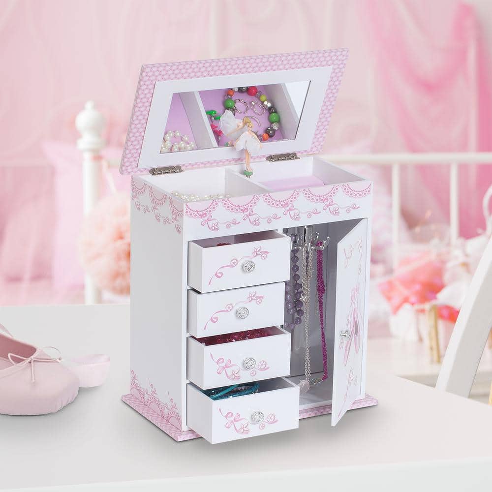 Cristiana White and Pink Wooden Musical Ballerina Jewelry Box