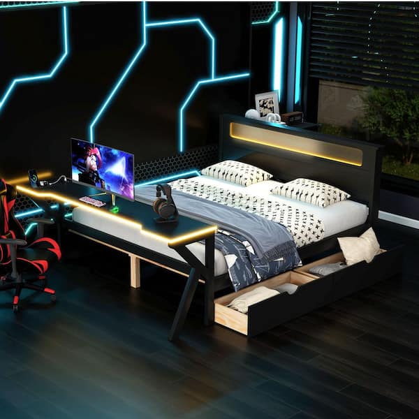 Black Wood Frame Full Gaming Platform Bed with LED Headboard, Desk, and Storage Drawers