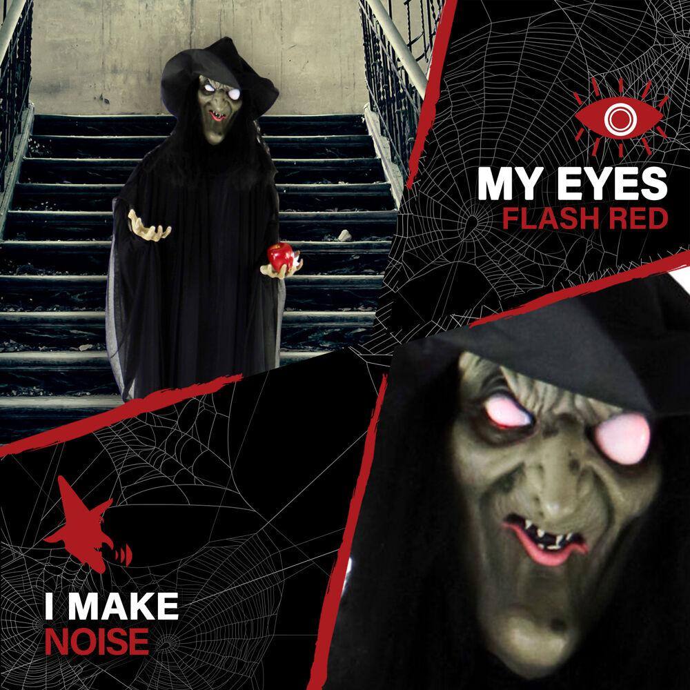 Life-Size Black Polyester Witch Animatronic with Red Apple