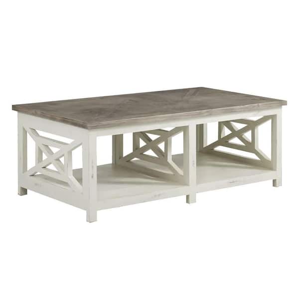 THE URBAN PORT 30 in. White and Brown Rectangle Wooden Coffee Table with X-Shape Side Panels