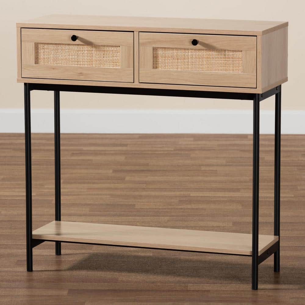 Sherwin Light Brown and Black 2-Drawer Console Table with Rattan Accent
