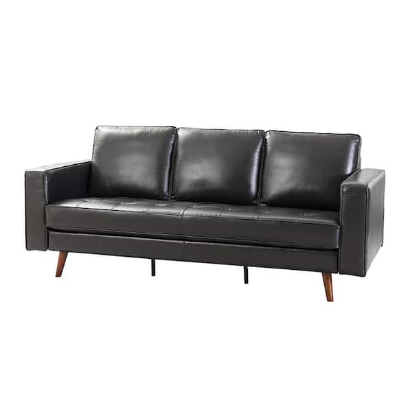 JAYDEN CREATION Agamemnon 82 in. Black Genuine Leather Straight Sofa with Solid Wood Legs