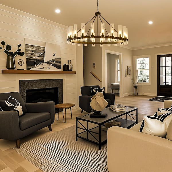 Modern 20-Light Black Wagon Wheel Chandelier with Clear Glass Shade