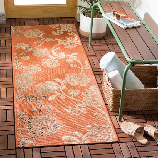 Courtyard Terracotta Natural/Brown 2 ft. x 7 ft. Floral Indoor/Outdoor Patio  Runner Rug