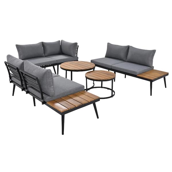 Sudzendf 6-Piece Black Metal Patio Conversation Set, Sofa Set and Round Nesting Coffee Tables with Gray Cushions