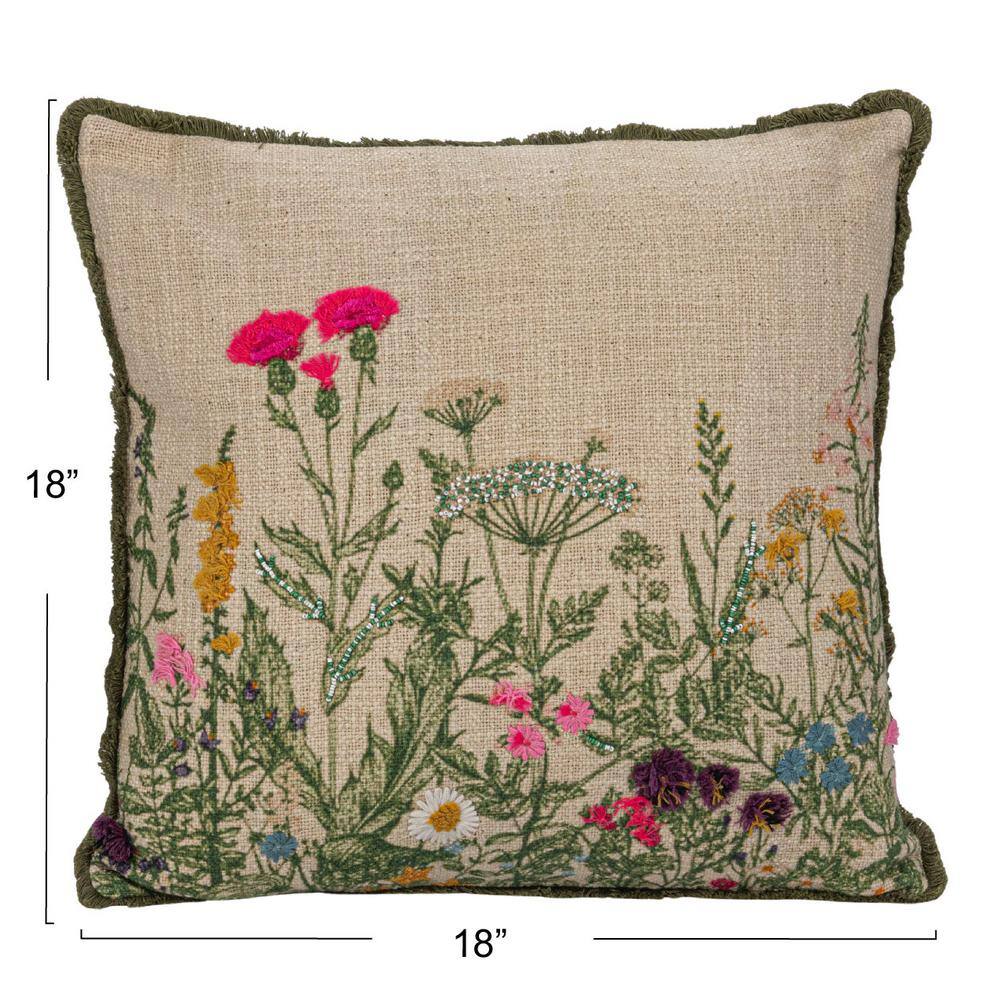 Multicolor Cotton Slub Embroidered Square Pillow