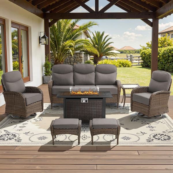 High Crescent 7-Piece Brown Wicker Patio Conversation Set with Gray Cushions and Steel Fire Pit Table