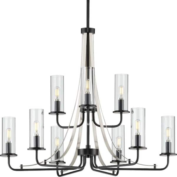 Progress Lighting Riley Collection 9-Light Matte Black Clear Glass New Traditional Chandelier Light