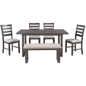 6-Piece Wood Rectangular Indoor Outdoor Dining Set with Cushions Gray, Table and 4-Chairs with Bench in Gray