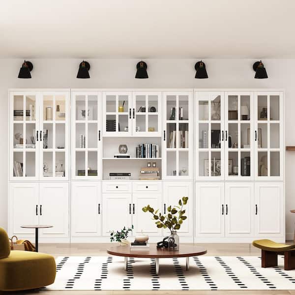 FUFU&GAGA 141.7 in. Luxurious Wall Wide White Wooden 30 Shelves Accent Bookcase with Tempered Glass Door & 2 Drawers
