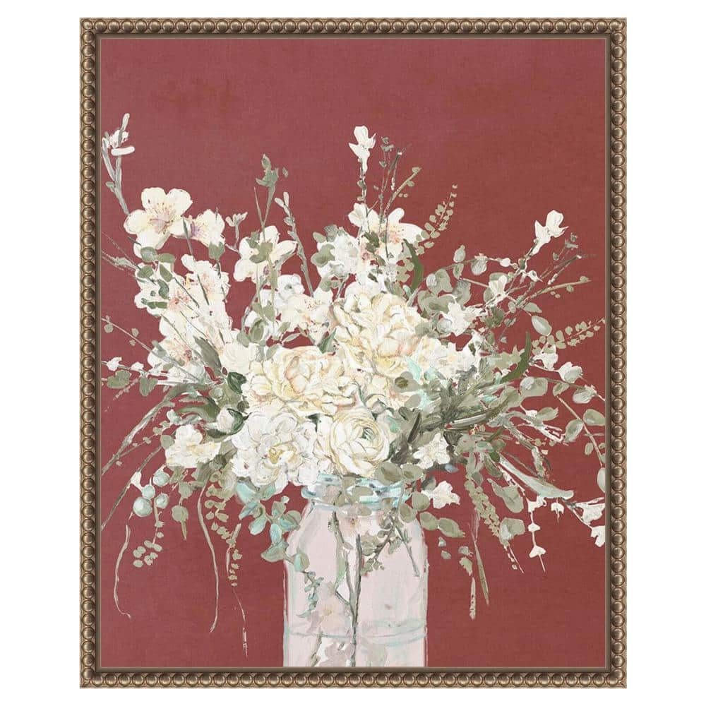 Beaded Gold Framed Floral Canvas Wall Art with Glass Vase