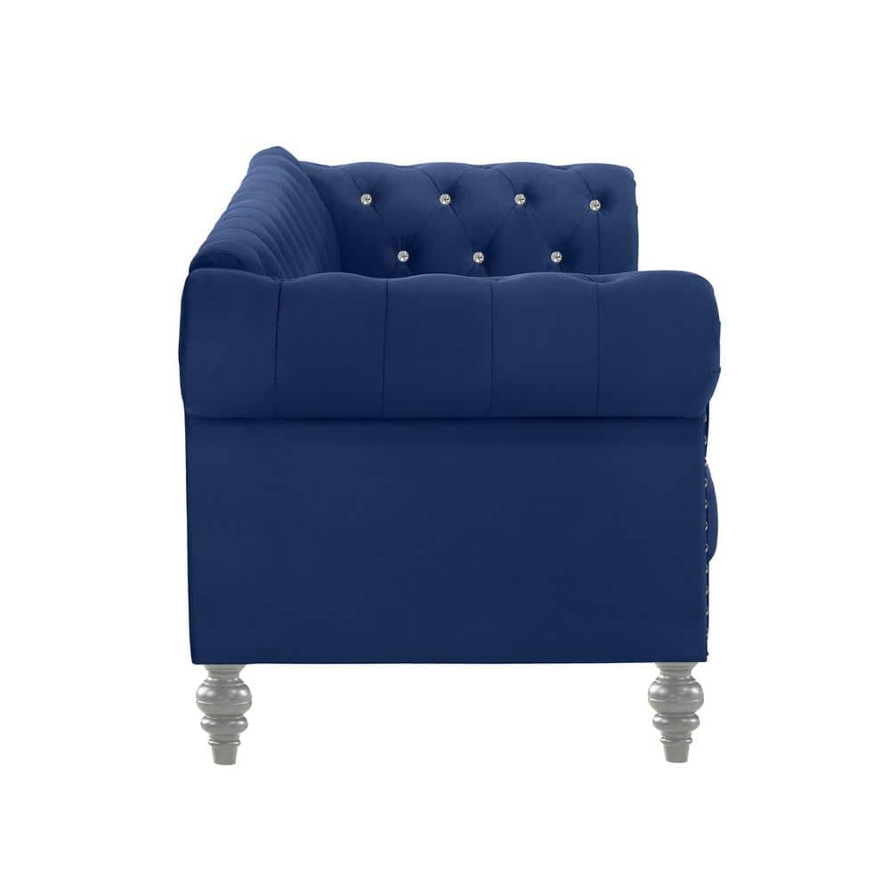 Emma Royal Blue Velvet Loveseat and Sofa Set with Crystal Buttons