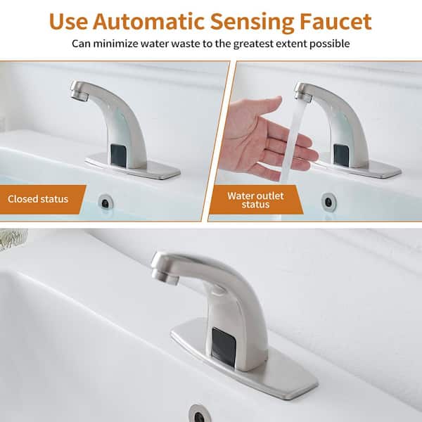 DC Powered Commercial Touchless Single Hole Bathroom Faucet With Deck Plate & Pop Up Drain In Brushed Nickel