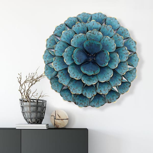 LuxenHome 23.5 in. Metal Teal Blue Round Flower Wall Decor WHA540