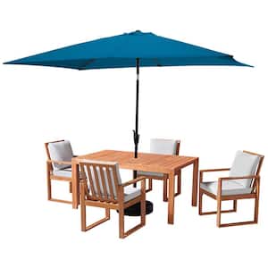 6 Piece Set, Weston Wood Outdoor Dining Table Set with 4 Cushioned Chairs, 10-Foot Rectangular Umbrella Turquoise