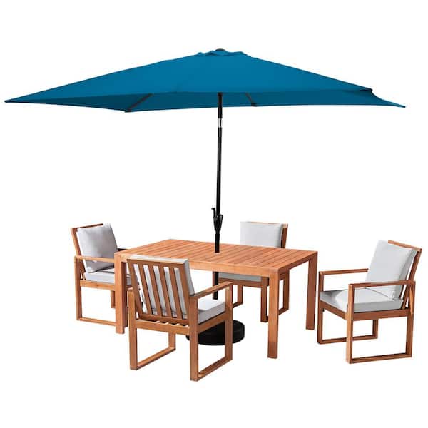Alaterre Furniture 6 Piece Set, Weston Wood Outdoor Dining Table Set with 4 Cushioned Chairs, 10-Foot Rectangular Umbrella Turquoise