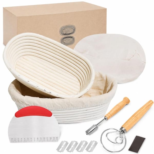 Oval Brown Natural Rattan Bread Proofing Basket Set with Baking Tools 2-Piece Set Generic 3.5 x 9.8 x 2