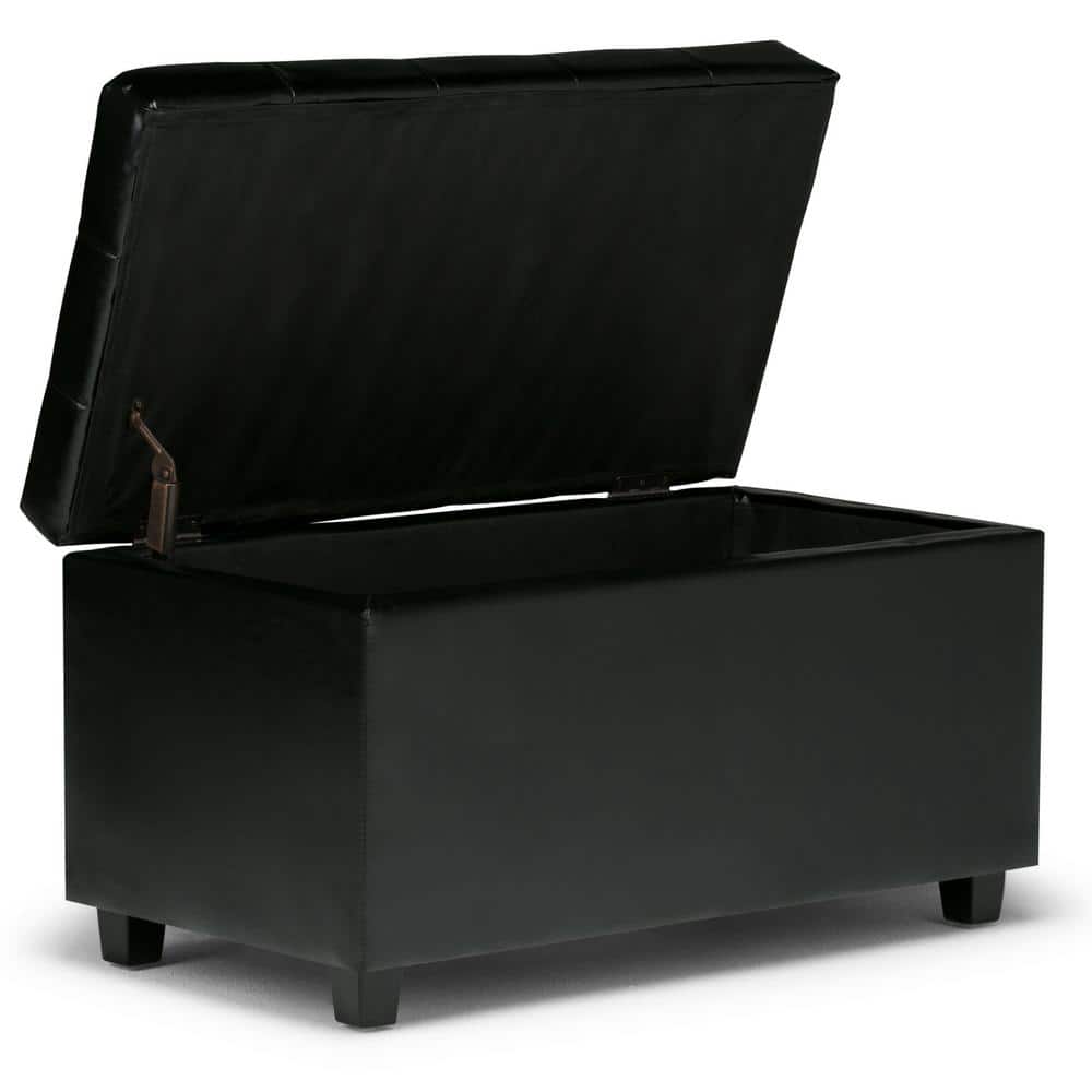 Midnight Black Tufted Faux Leather Rectangular Ottoman