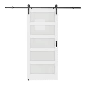 36 in. x 84 in. 5-Equal Lites with Frosted Glass White MDF Interior Sliding Barn Door with Hardware Kit and Soft Close