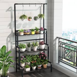 Wellston 65.3 in. Black 3-Tier Indoor Wooden Hanging Plant Stand, Hanging Plant Shelf with Flower Pot Display Rack