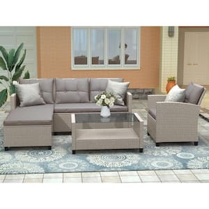 4-Piece Patio Furniture Set, Outdoor Rattan Wicker Conversation Set, Sectional Sofa Set with Table, Beige Brown Cushion