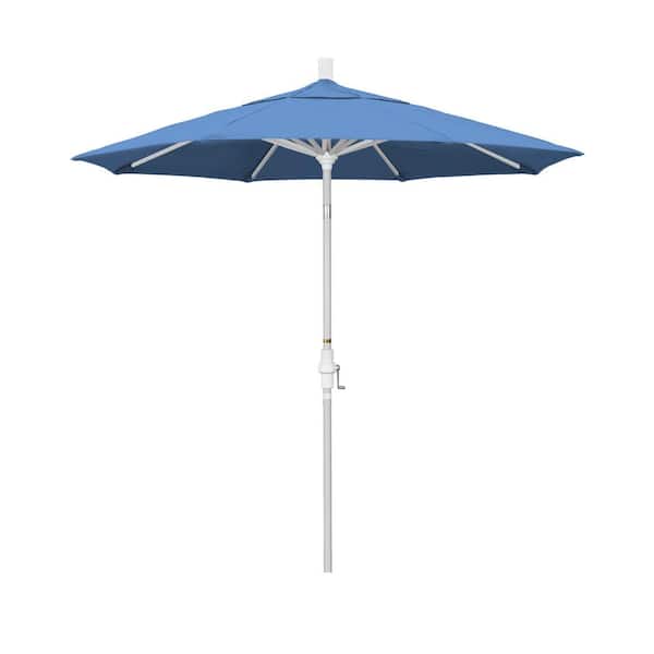 California Umbrella 7.5 ft. Matted White Aluminum Market Patio Umbrella Collar Tilt Crank Lift in Frost Blue Olefin
