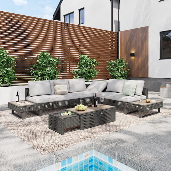 6-Pers Diamond Weave Patio Sectional Furniture Set with Coffee Table, Collapsible Seat and Deep Cushions, Gray