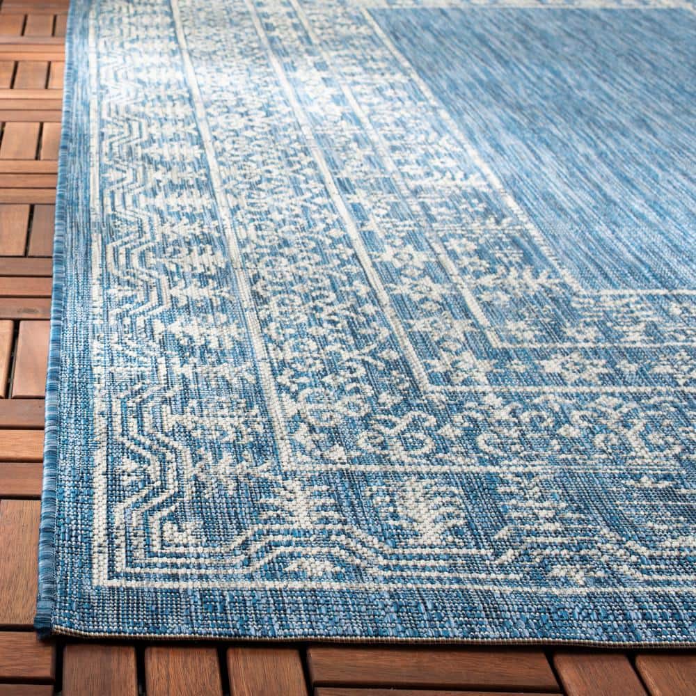 Navy and Grey Rectangular Synthetic Indoor/Outdoor Rug