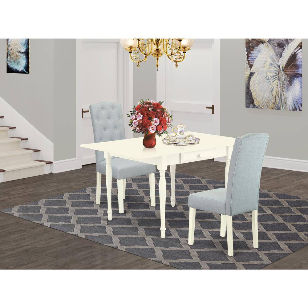 3-Piece Linen White Finish Solid Wood Top With Dropleaf Dining Table Set