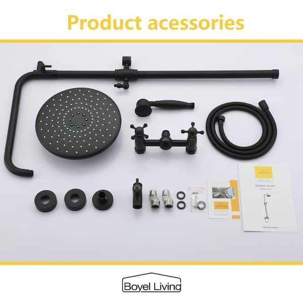 Boyel Living Exposed Pipe Complete Shower System 1-Spray Patterns with 2.5 GPM 8 in. Wall Mount Dual Shower Heads in Matte Black