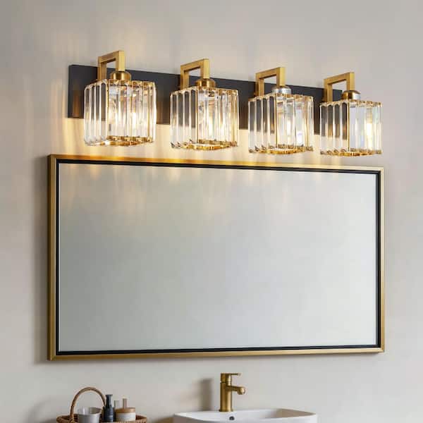 LQXYIQ 28.34 in.4-Light Clear Glass Black Gold Crystal Wall Light