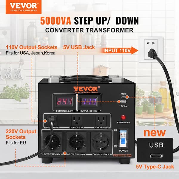 VEVOR Voltage Converter Transformer, 5000W, Heavy Duty Step Up/Down Transformer, Convert from 110 Volt to 220 Volt and from 22