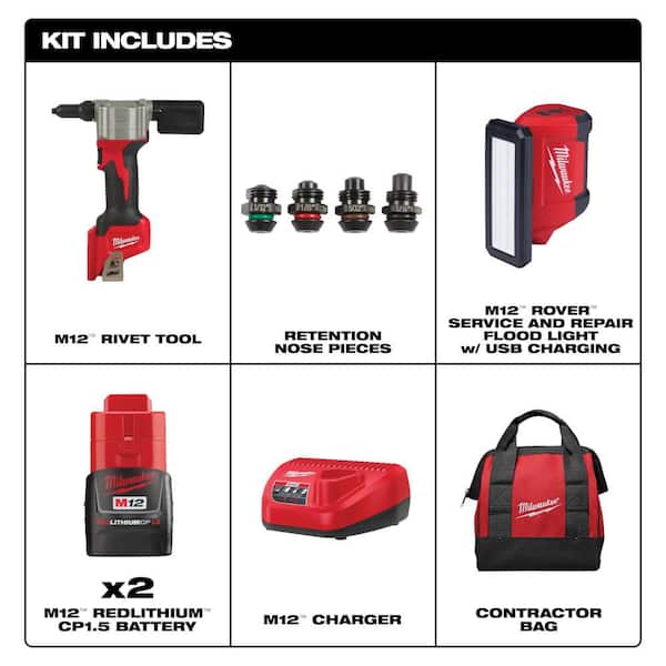 M12 12-Volt Lithium-Ion Cordless Rivet Tool Kit with (2) 1. 5Ah Batteries, Charger & ROVER Flood Light with USB Charging
