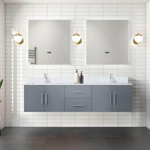 Lexora Geneva 72 in. W x 22 in. D Dark Grey Double Bath Vanity, White Quartz Top, and 30 in. LED Mirrors