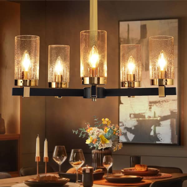 22 in. 5-Light Brass Gold Dining Room Chandelier, Seeded Glass Black Pendant Light, Modern Vintage Linear Chandelier