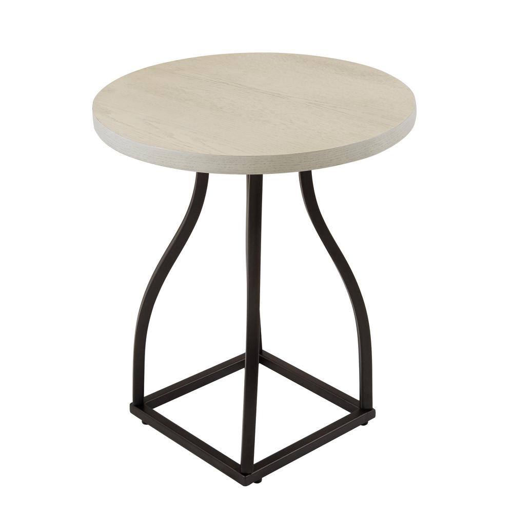 Lindsay 20" Whitewash Round Oak Veneer End Table with Black Metal Base