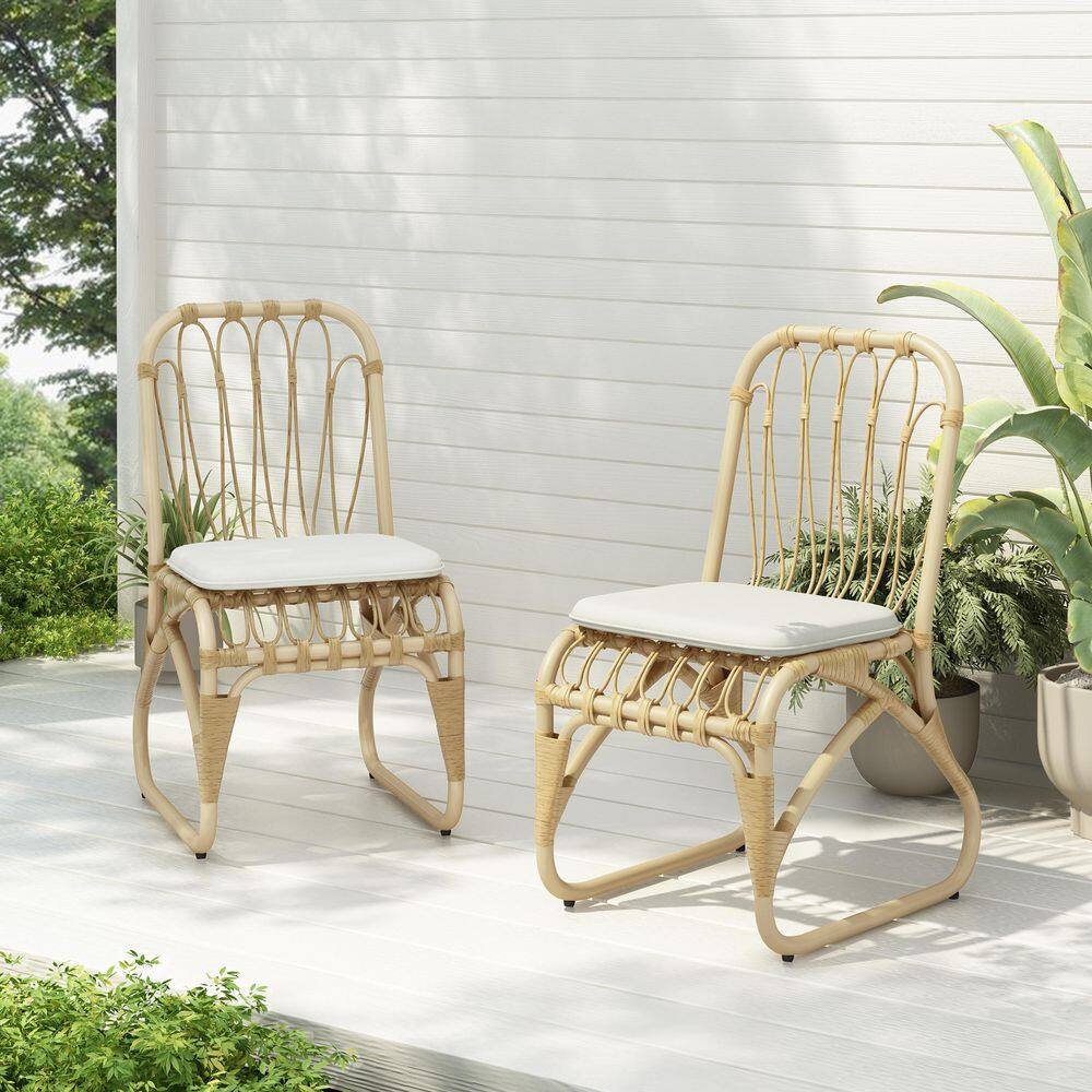 (2 Sets) PE Wicker Outdoor Dining Chairs with Beige Cushion, Outdoor Rattan