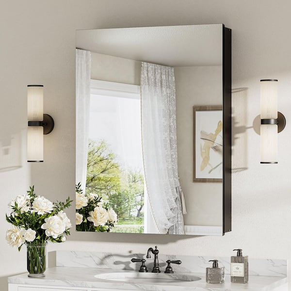 KeonJinn 24 in. W x 32 in. H Rectangular Frameless Aluminum Black Recessed or Surface Mount Medicine Cabinet with Mirror
