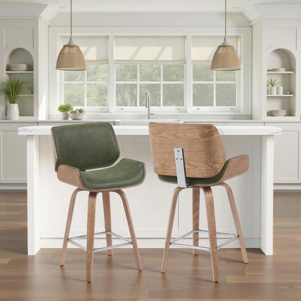 Tyler 38 in. H Green / Natural Curved Back Wood Bar Stool with Faux Leather Seat Set of 2