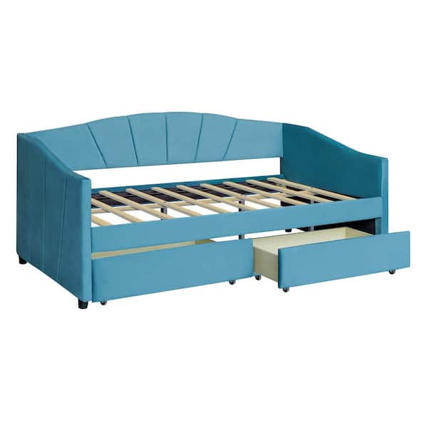 Angel Sar Blue Modern Twin Size Upholstered Daybed with Two Drawers and Wood Slat Suppot