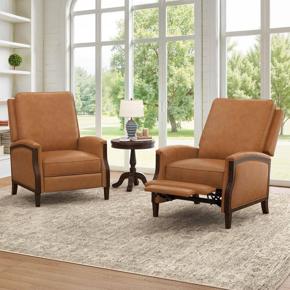 Lia Mid Century Brown Comfy Genuine Leather Manual Push Back Recliner with Solid Wood Frame Handrail(Set of 2) price history on PriceWatchPro